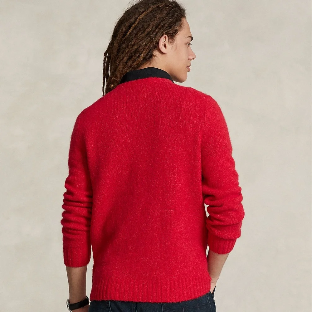 Polo By Ralph Lauren Red Mens Merino Angora Pullover Cable Knit Sweater Sz Large - Picture 2 of 7